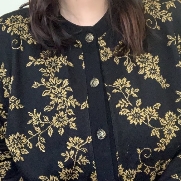 Vintage Black + Gold Floral Cottagecore Cardigan SZ XL - Picture 8 of 14